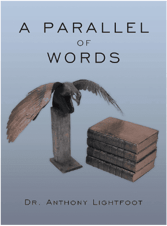 A sculpture with a bird and stacked books under the title 'A Parallel of Words.'